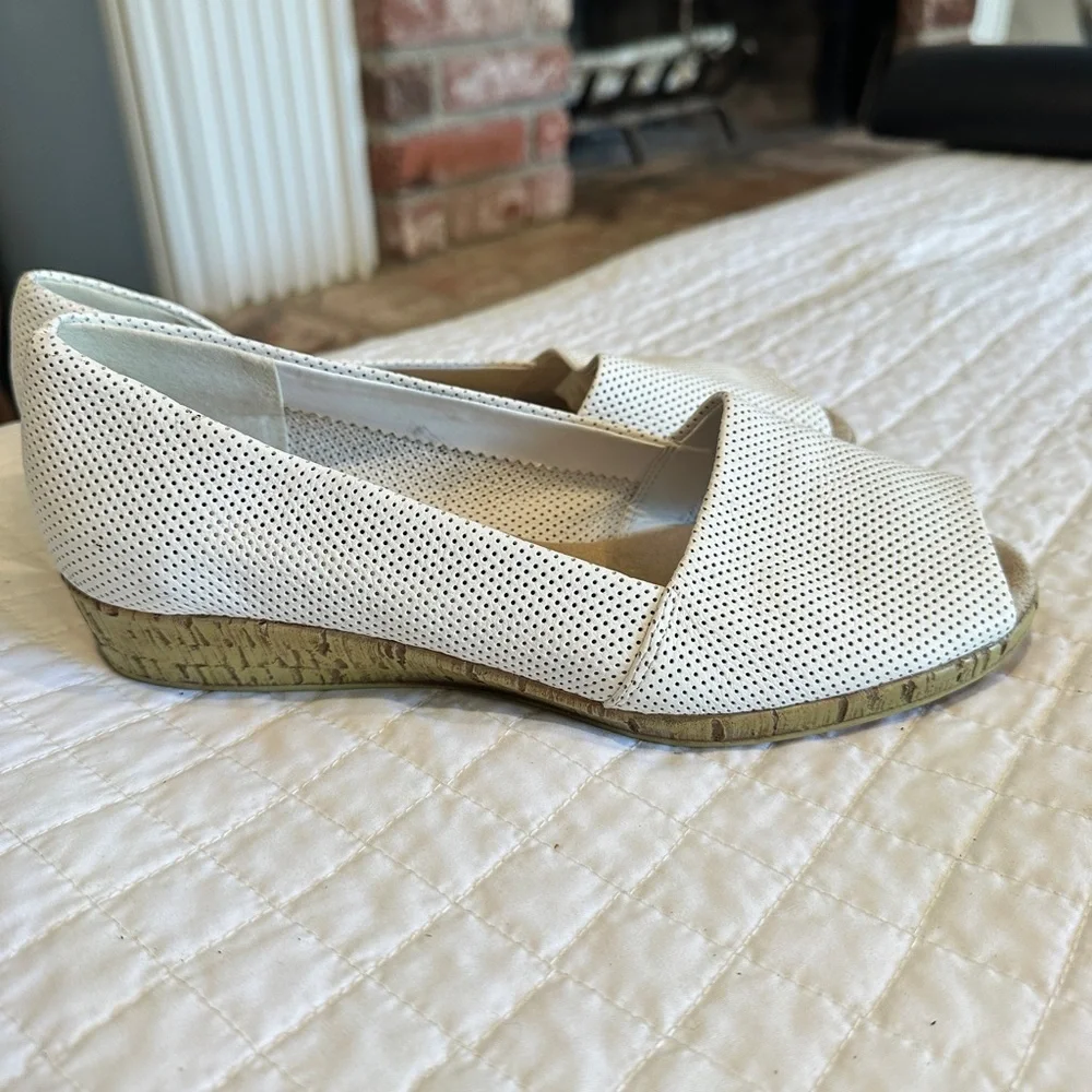 AEROSOLES White Perforated Peep-Toe Wedge Flats